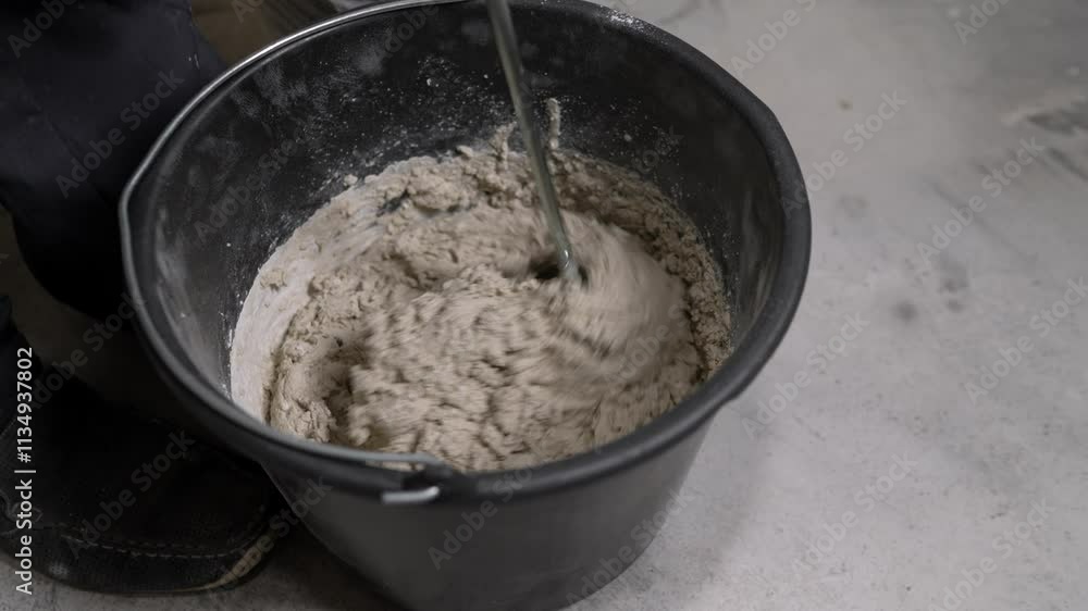 A bucket with a solution is mixed with a construction mixer. We mix the solution with a mixer in a bucket with cement and sand. A bucket with a solution is mixed with a construction mixer. We mix the solution with a mixer in a bucket with cement and sand.