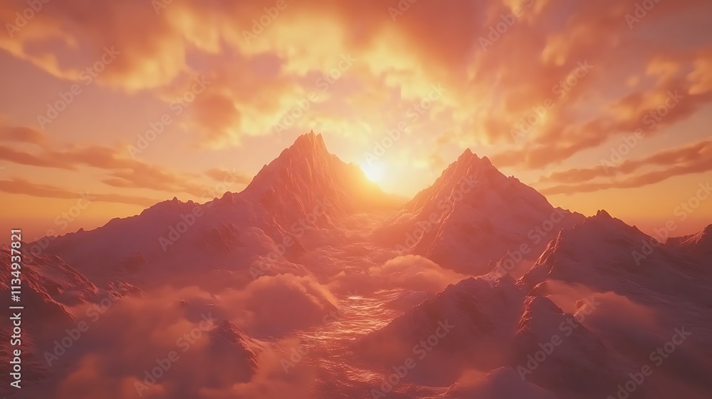 A Fiery Sunset Over Snowy Mountain Peaks A Fiery Sunset Over Snowy Mountain Peaks