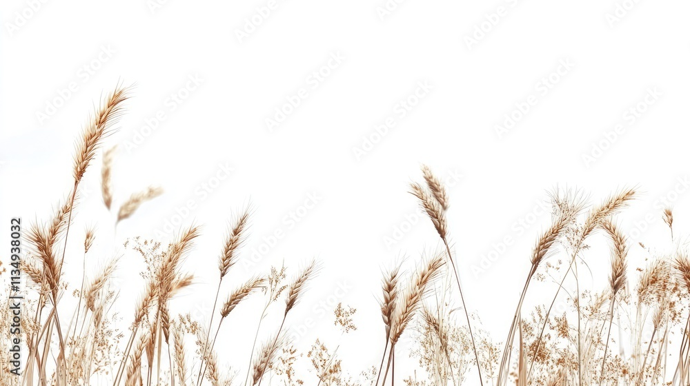 Obraz premium Golden wheat ears and wild grasses elegantly arranged against a pristine white background creating a serene and natural aesthetic.