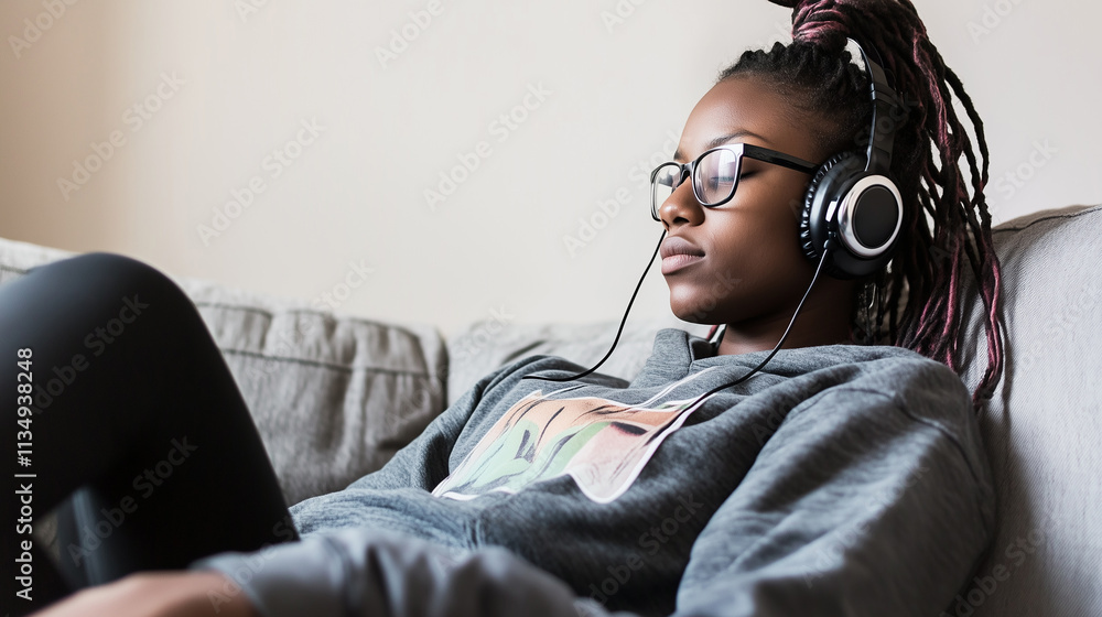 Person Sitting on Couch, Eyes Closed, Immersed in Music with Headphones, Serene Expression Reflecting Tranquil Moment, Softly Blurred Background. Person Sitting on Couch, Eyes Closed, Immersed in Music with Headphones, Serene Expression Reflecting Tranquil Moment, Softly Blurred Background.