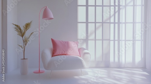 Modern white living room with pastel pink accents featuring a stylish armchair and floor lamp in bright natural light