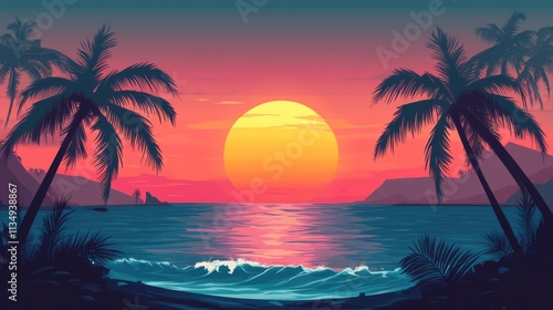 Tropical sunset over tranquil waves with swaying palm trees creating a serene atmosphere perfect for beach-themed projects and designs.