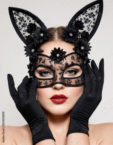 Model wearing a bunny ear mask with black flowers, sheer rhinestone gloves, and a white studio background, captured on analog film photo