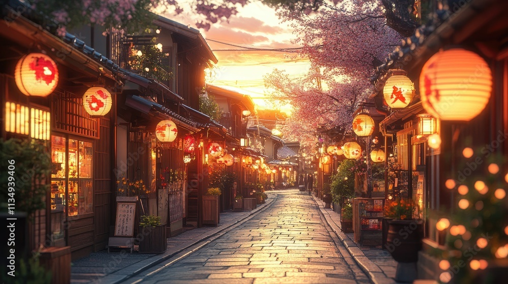 Sunset view of a Japanese street lined with traditional buildings, cherry blossoms, and paper lanterns. Sunset view of a Japanese street lined with traditional buildings, cherry blossoms, and paper lanterns.