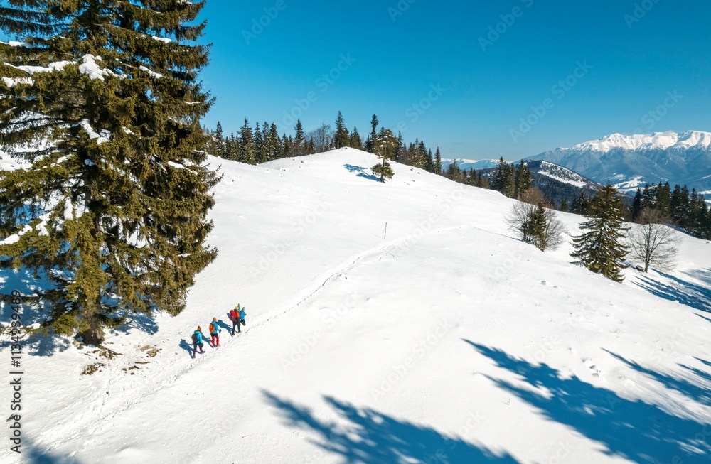 Adventurers trek through a pristine snowy landscape in Piatra Craiului, surrounded by majestic trees and distant mountains under a clear blue sky. Experience the beauty of winter in Romania Adventurers trek through a pristine snowy landscape in Piatra Craiului, surrounded by majestic trees and distant mountains under a clear blue sky. Experience the beauty of winter in Romania