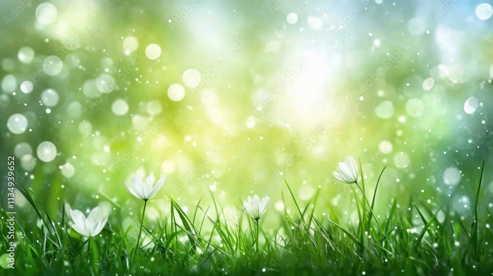 Fototapeta premium Abstract nature background featuring soft green hues with bokeh effect and delicate flowers in a vibrant grassy setting.