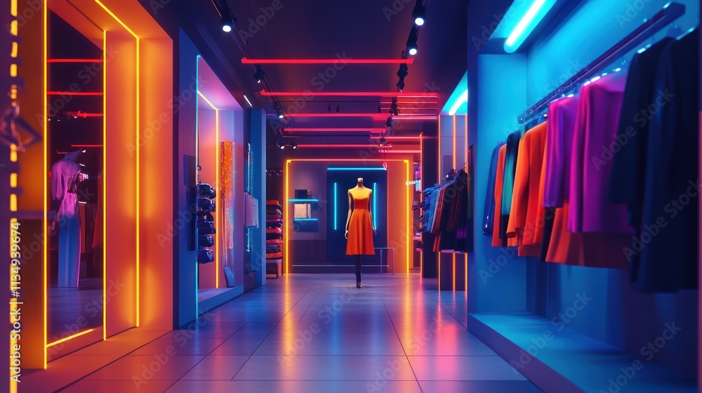 Neon-lit modern clothing boutique interior. Neon-lit modern clothing boutique interior.