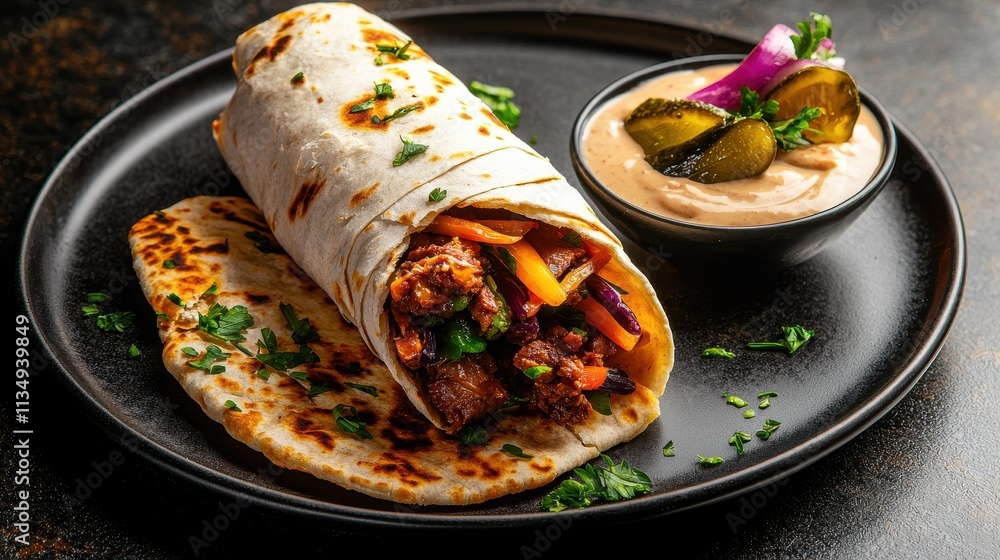 Savor the flavor middle eastern shawarma wrap street food culinary delight urban setting close-up food Savor the flavor middle eastern shawarma wrap street food culinary delight urban setting close-up food