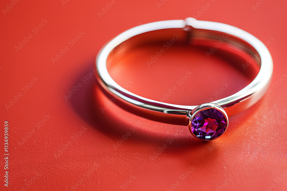 Top view of a silver bangle and amethyst ring on a vivid red background. Top view of a silver bangle and amethyst ring on a vivid red background.