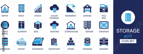 Storage icon set collection. Depot, rack, stock, cloud storage, hosting, box, hard drive, server, database, store, drawer and best solid icon set.