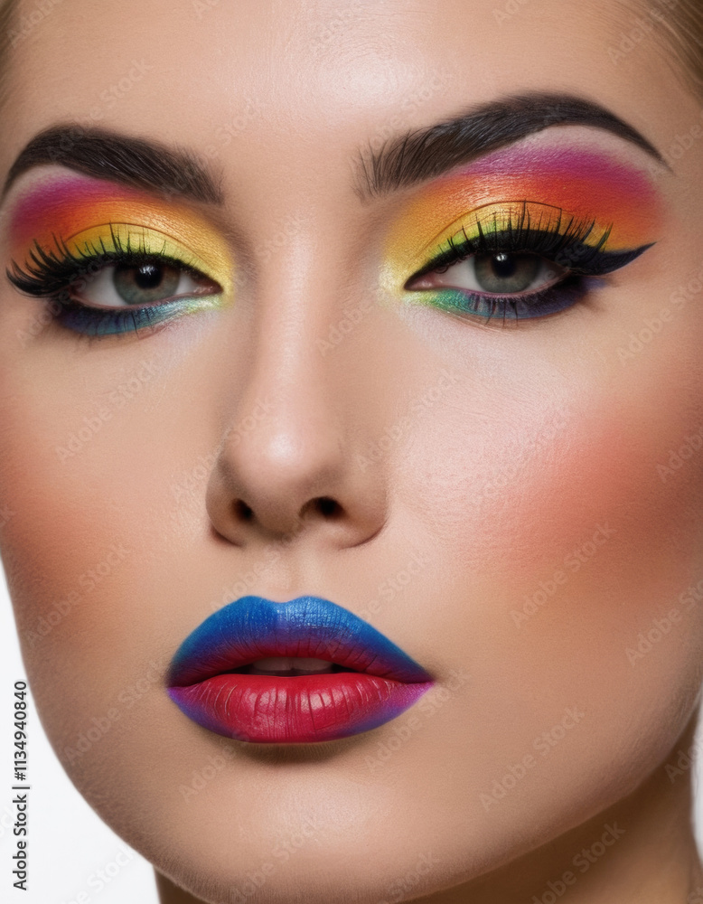 Naklejka premium A woman’s upper half with colorful rainbow makeup, bold lipstick, black eyeshadow, and vibrant details.