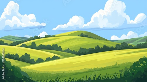 Lush green fields under a vibrant blue sky with clouds showcasing a serene rural landscape and rolling hills.