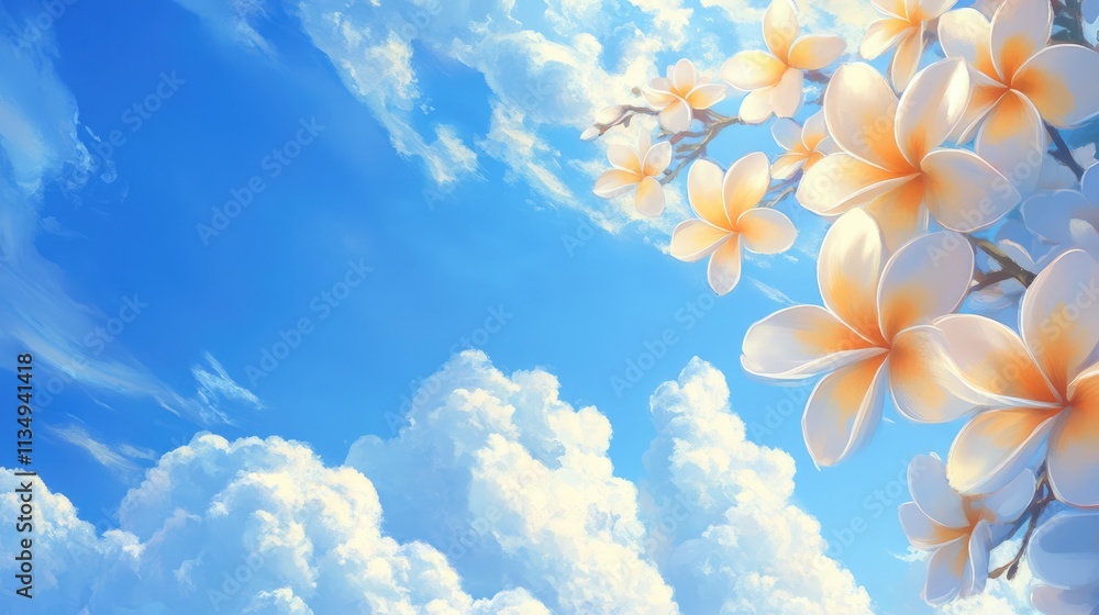Fototapeta premium Frangipani Flowers Against a Bright Blue Sky Symbolizing Love Passion and Tranquility with Soft Clouds in the Background