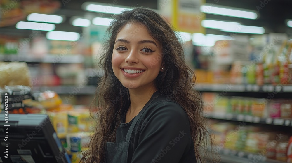 Smiling Female Cashier Working at Grocery Store Checkout Counter Smiling Female Cashier Working at Grocery Store Checkout Counter