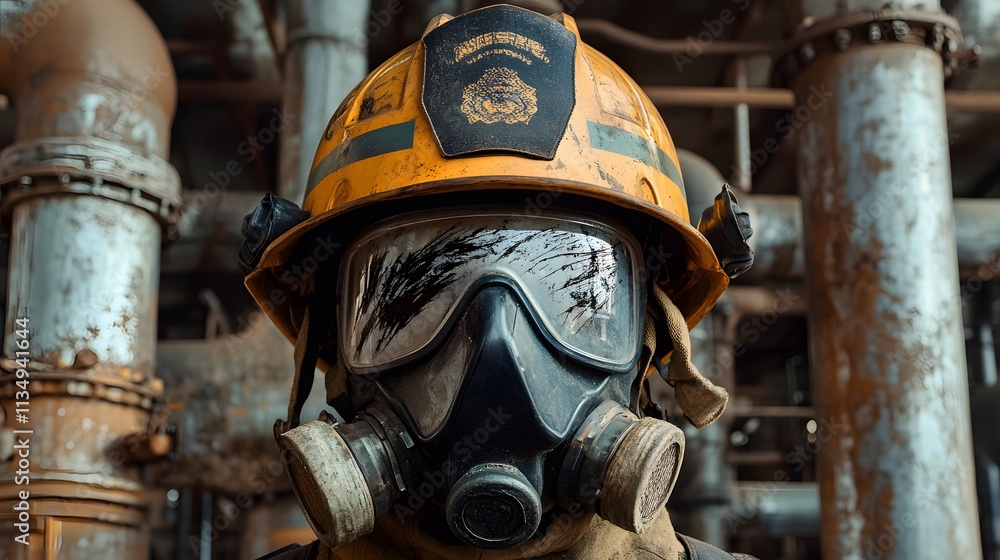 Fototapeta premium Protective firefighter mask, scratched visor close-up, surrounded by factory pipes.