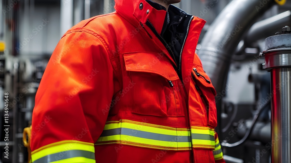 Reflective firefighter jacket fabric close-up, safety details, metal machinery around. Reflective firefighter jacket fabric close-up, safety details, metal machinery around.