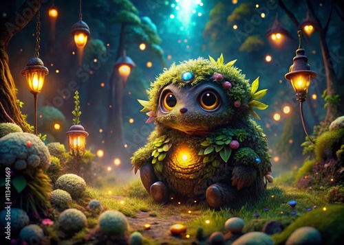 Enchanting Night Scene Featuring a Cute and Magical Elemental Golem Surrounded by Glowing Fireflies and a Starry Sky for Whimsical Fantasy Imagery