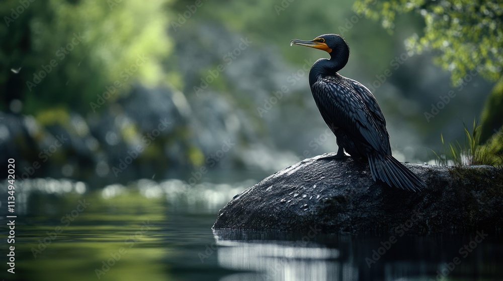 Cormorant perched on rock by river. Cormorant perched on rock by river.