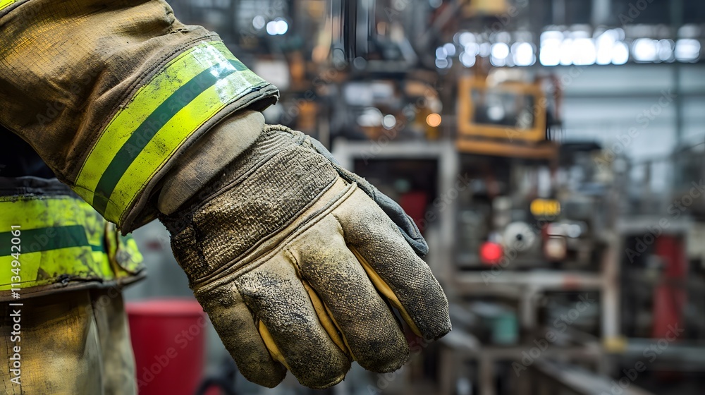 Close-up of firefighter gloves, worn material texture, machinery in factory setting. Close-up of firefighter gloves, worn material texture, machinery in factory setting.