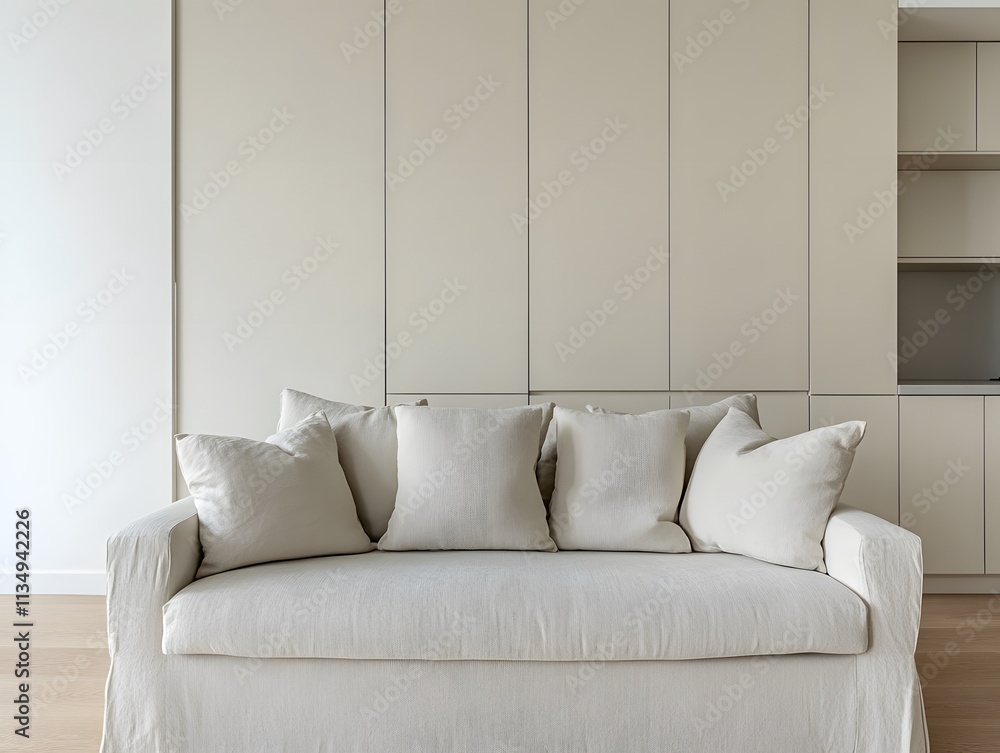 Fototapeta premium A minimalist living room featuring a light-colored sofa with cushions against a neutral backdrop.