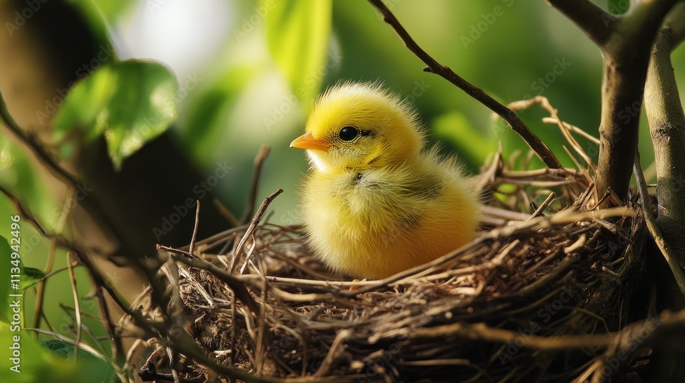 Fluffy yellow baby bird in nest. Fluffy yellow baby bird in nest.