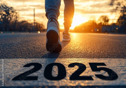 Wallpaper Mural A person is walking on the road, with "2025" written in black letters next to them. Torontodigital.ca