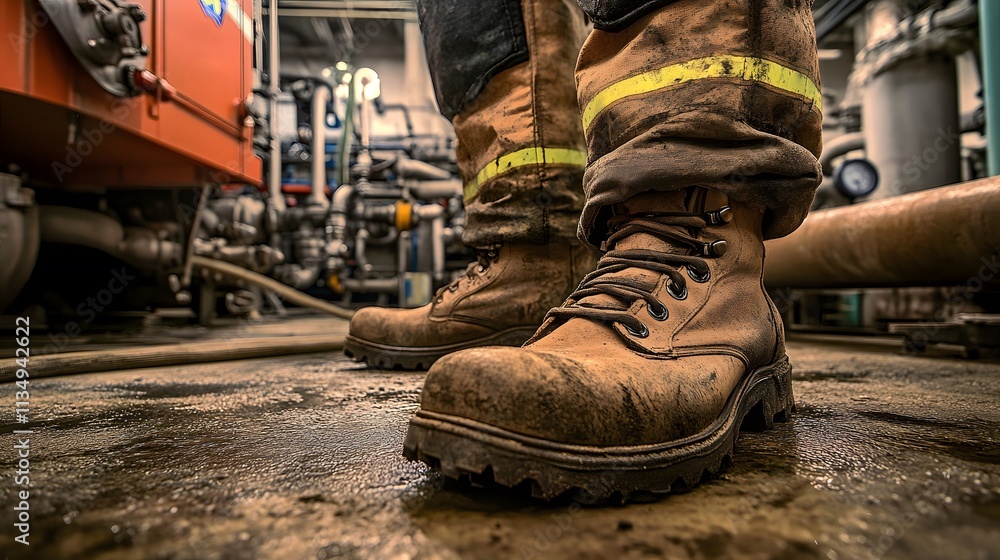 Rugged firefighter boots and dusty pant legs, machinery and pipes in background. Rugged firefighter boots and dusty pant legs, machinery and pipes in background.