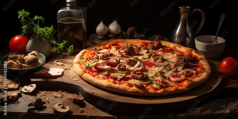 Fresh baked tasty pizza with meat and vegetables and herbs on dinner table. Meal food restaurant background scene Fresh baked tasty pizza with meat and vegetables and herbs on dinner table. Meal food restaurant background scene