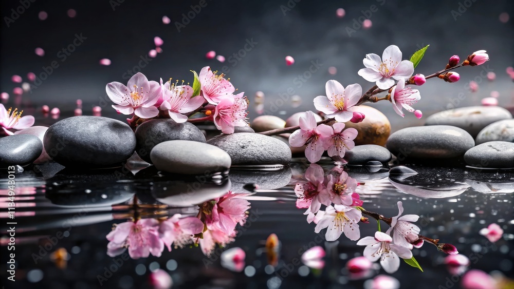 Tranquil Serenity Delicate Pink Blossoms Resting on Smooth Grey Stones, Mirrored in Still Water, Surrounded by Falling Petals Tranquil Serenity Delicate Pink Blossoms Resting on Smooth Grey Stones, Mirrored in Still Water, Surrounded by Falling Petals