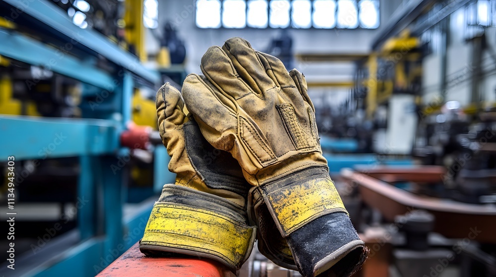 Firefighter gloves close-up, textured and worn, surrounded by factory machinery. Firefighter gloves close-up, textured and worn, surrounded by factory machinery.