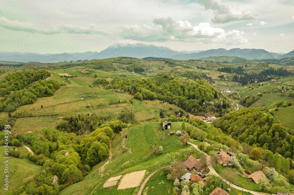 Fototapeta premium Expansive green hills roll across the landscape, dotted with quaint homes and farmsteads in the Piatra Craiului area