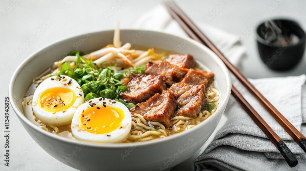 Delicious japanese ramen bowl with chashu pork tokyo food contemporary kitchen close-up culinary art