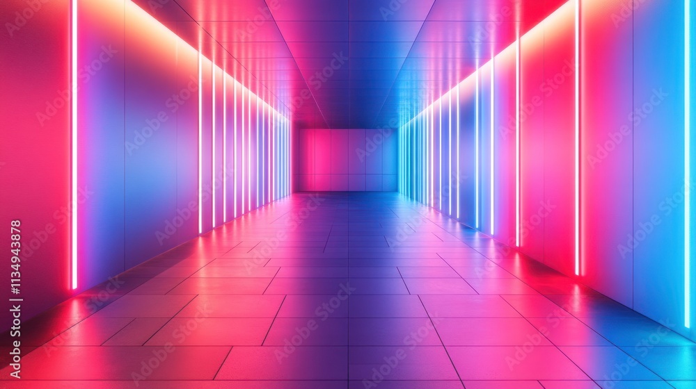 Neon lights illuminate a futuristic corridor. Neon lights illuminate a futuristic corridor.