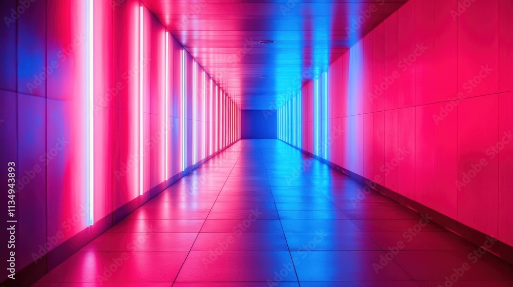 Neon-lit corridor with pink and blue lights. Neon-lit corridor with pink and blue lights.