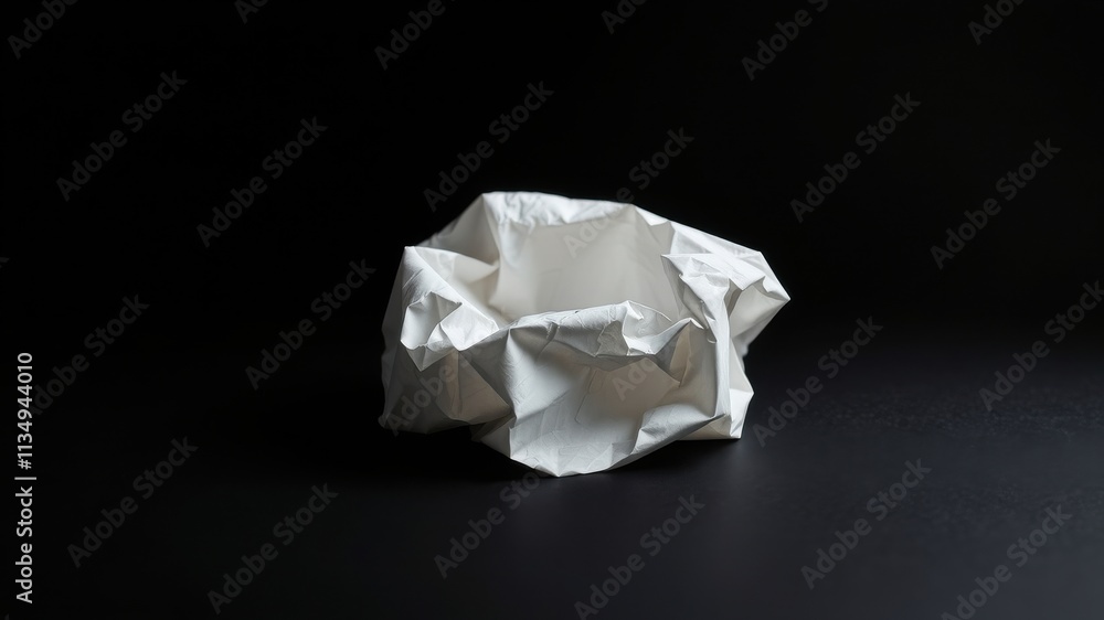 A crumpled piece of white paper sits alone on a black surface, its creases and folds casting subtle shadows and highlighting the contrast between light and dark. A crumpled piece of white paper sits alone on a black surface, its creases and folds casting subtle shadows and highlighting the contrast between light and dark.