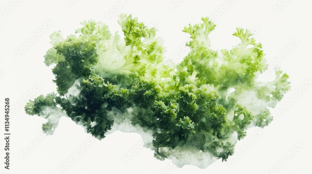 Obraz premium Fresh green parsley herb isolated on a clean white background, highlighting its detailed texture and vibrant color, culinary use, food preparation, gardening, healthy eating.