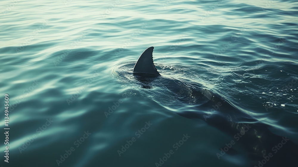 Fototapeta premium A shark's fin cuts through the serene teal water, creating a captivating contrast of shadow and light. A moment of mystery and wonder in the ocean's depths.