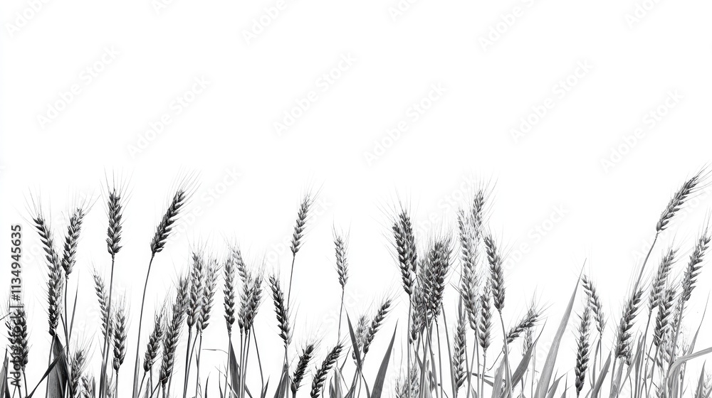 Fototapeta Wheat ears in monochrome against a clean white background highlighting nature's harvest and agricultural beauty.