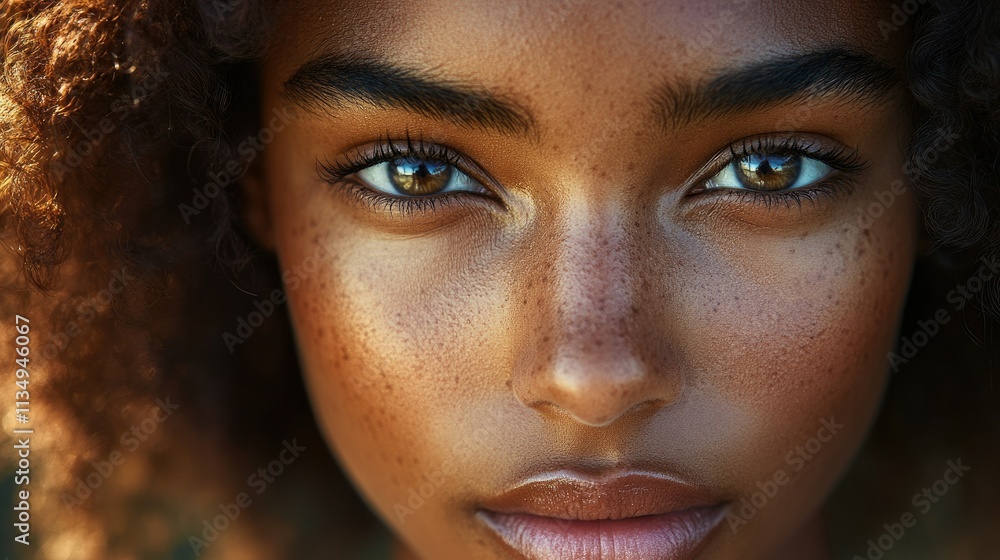 Close-up portrait of a young woman with freckles and brown eyes. Close-up portrait of a young woman with freckles and brown eyes.