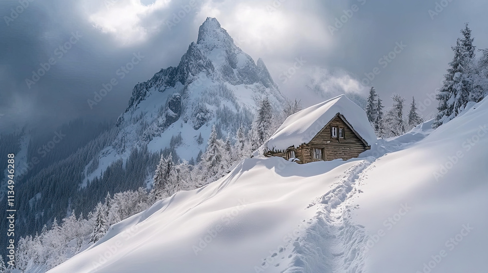 Fototapeta premium A gloomy, rugged mountain with steep cliffs covered in thick snow and ice