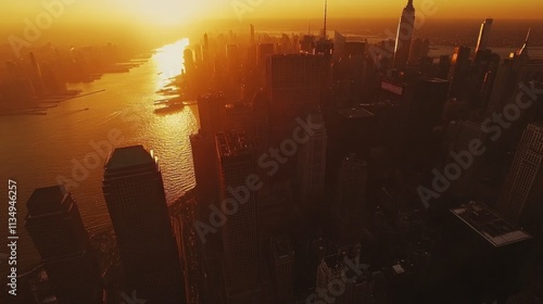 Golden Hour Skyline Aerial View of Manhattan Cityscape photo