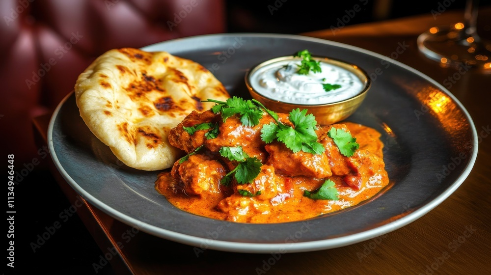 Delicious butter chicken garnished with fresh herbs on a plate fine dining setting culinary close-up view indian cuisine Delicious butter chicken garnished with fresh herbs on a plate fine dining setting culinary close-up view indian cuisine