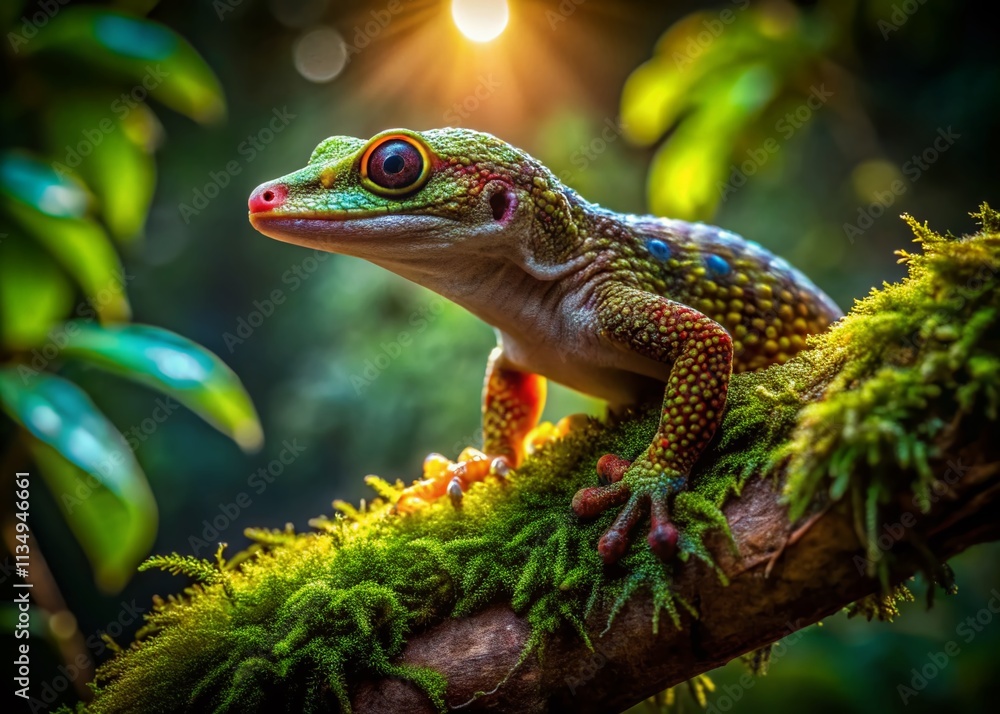 Fototapeta premium Enigmatic Gecko in Low Light: Capturing Nature's Camouflage with a Beautifully Textured Skin and Glowing Eyes in a Dark Tropical Environment
