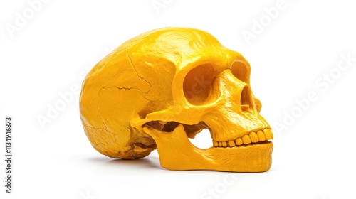 Yellow Australopithecus africanus skull isolated on white background showcasing paleontological significance in fossil anatomy studies photo