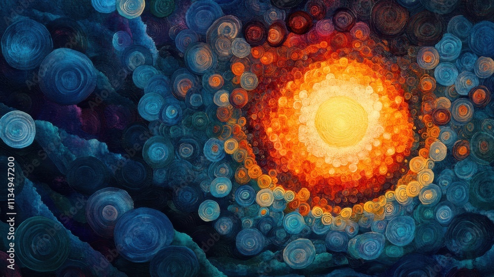 Vibrant cosmic swirl with a radiant sun and mesmerizing circular patterns in a cosmic dance of color Vibrant cosmic swirl with a radiant sun and mesmerizing circular patterns in a cosmic dance of color