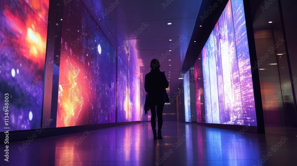 Woman silhouetted in vibrant cosmic hallway. Woman silhouetted in vibrant cosmic hallway.