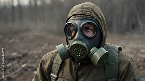 Photo of a stalker soldier in soviet gas mask, jacket and armored vest standing and dissolving with red highlights on one side.