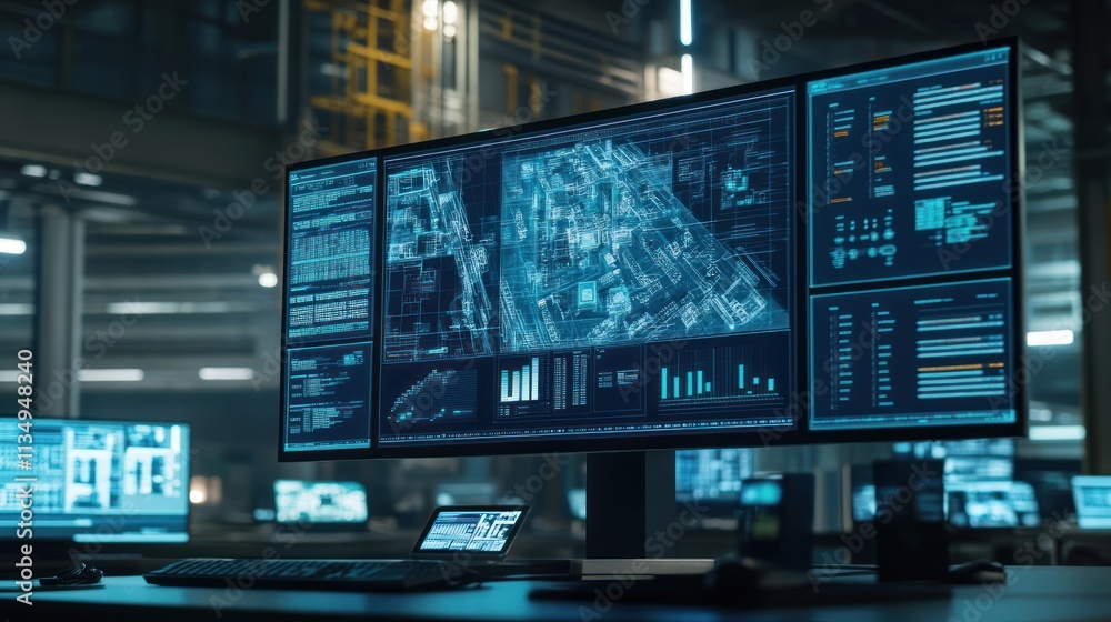 Industrial control room with large monitor displaying data. Industrial control room with large monitor displaying data.