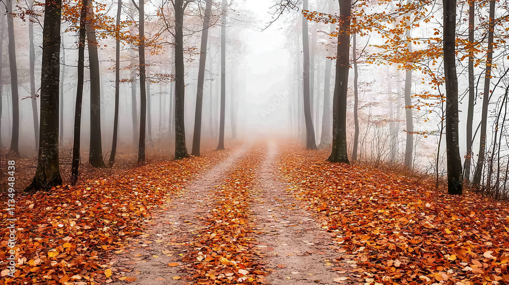 Fototapeta premium serene forest path covered with fallen leaves, surrounded by tall trees in foggy atmosphere. autumn colors create peaceful and tranquil scene
