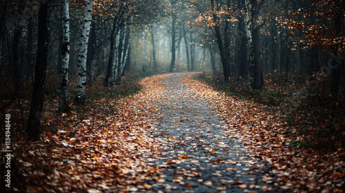 serene forest path winding through trees, covered with fallen leaves, creates tranquil atmosphere. soft light enhances beauty of autumn foliage